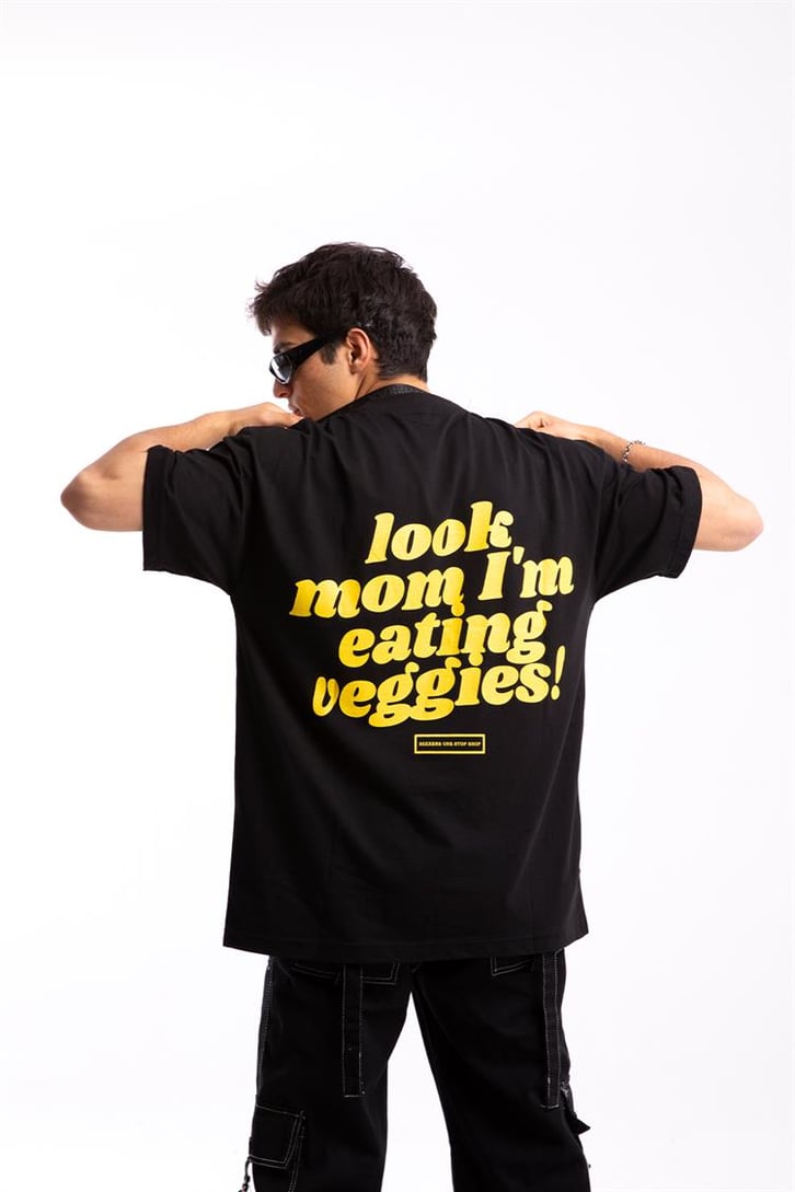 Look Mom Sırt Baskılı Siyah Oversize Tişört
