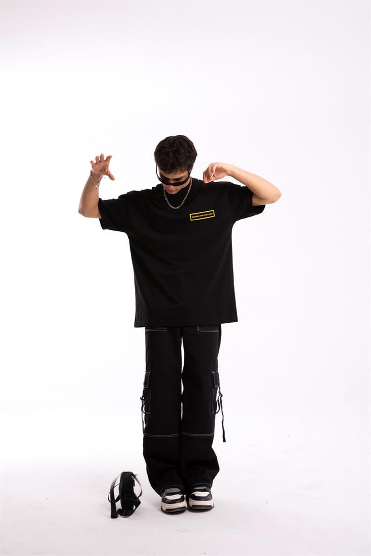 Look Mom Sırt Baskılı Siyah Oversize Tişört