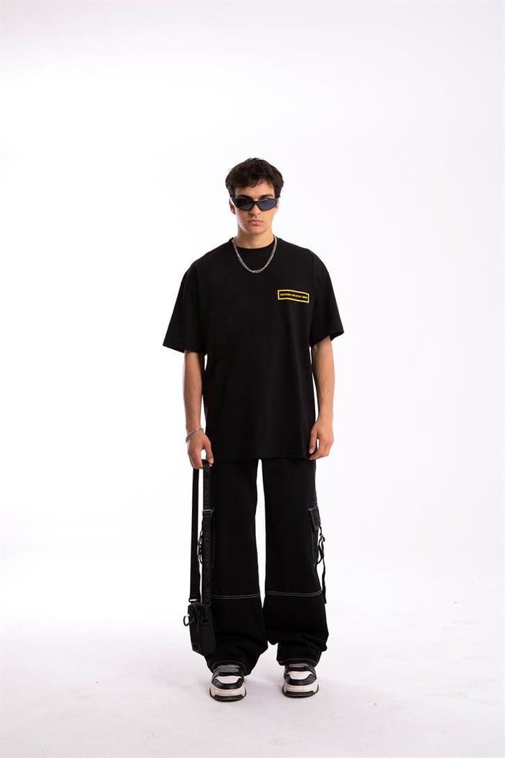 Look Mom Sırt Baskılı Siyah Oversize Tişört
