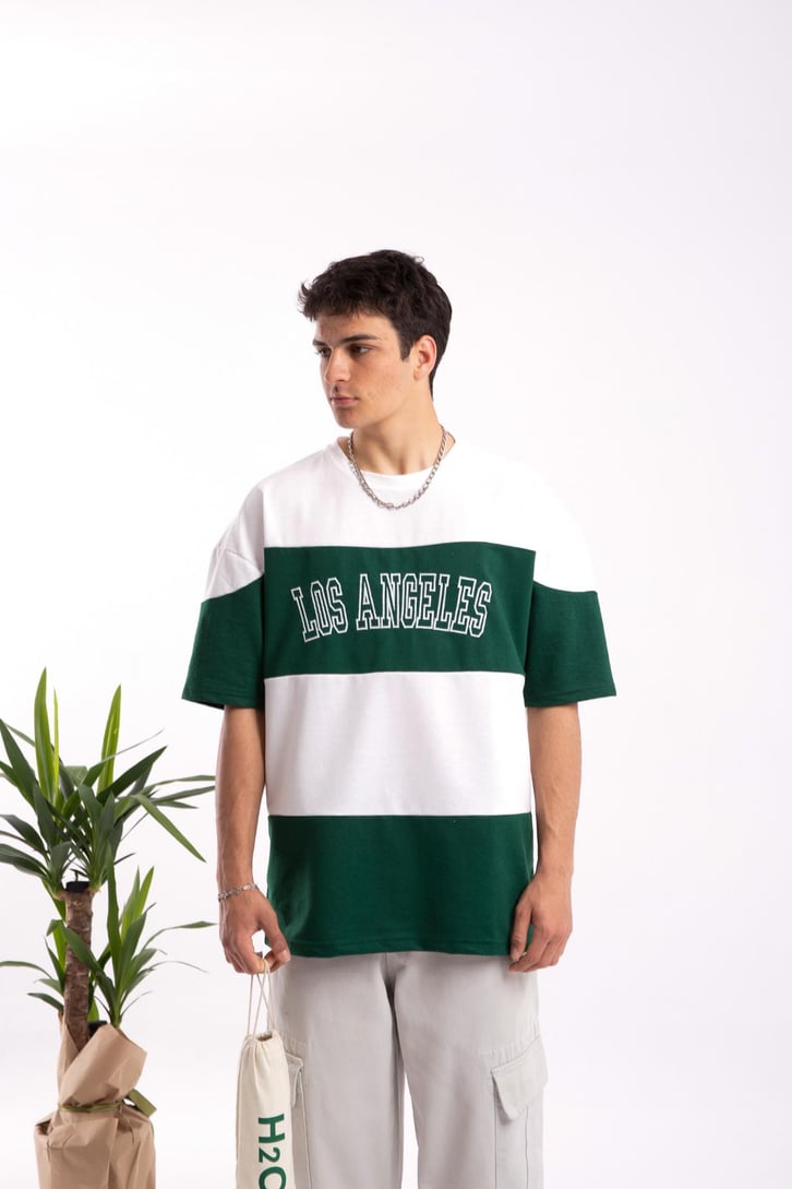 Los Angeles Nakışlı Çizgili Oversize Tshirt