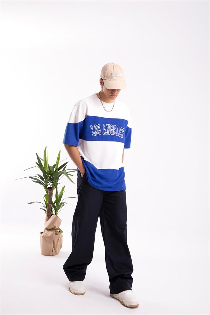 Los Angeles Nakışlı Çizgili Saks Mavi Oversize Tişört
