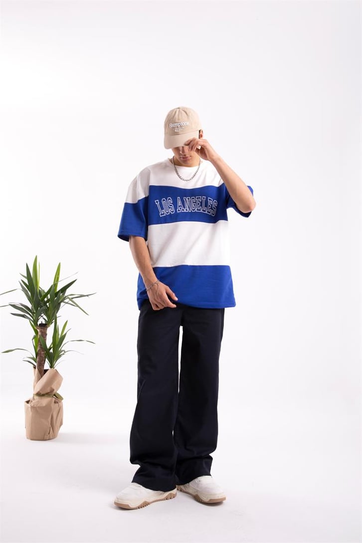 Los Angeles Nakışlı Çizgili Saks Mavi Oversize Tişört