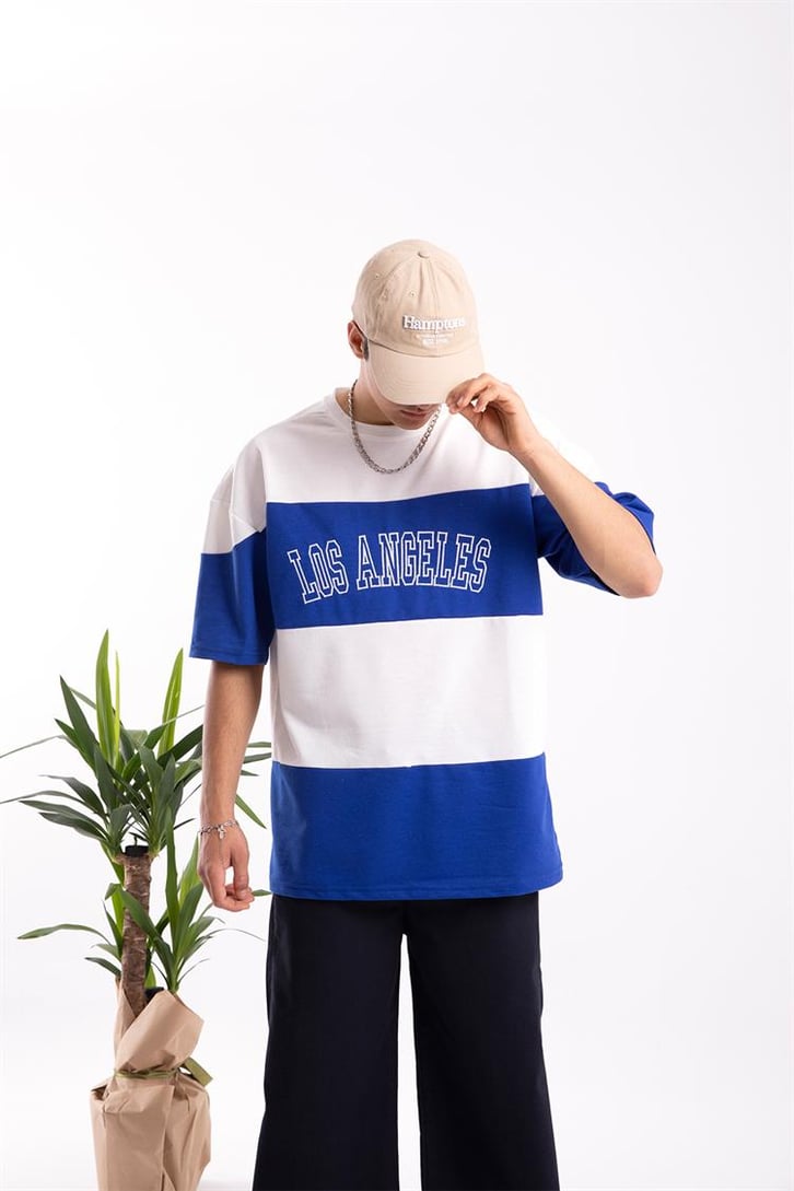 Los Angeles Nakışlı Çizgili Saks Mavi Oversize Tişört
