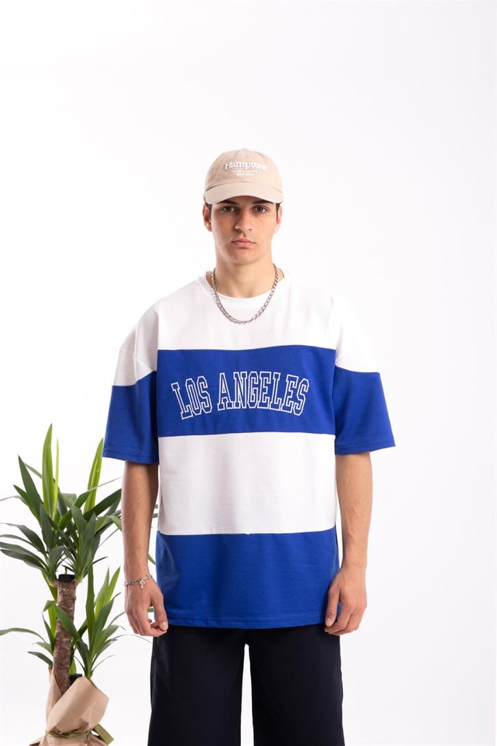 Los Angeles Nakışlı Çizgili Saks Mavi Oversize Tişört