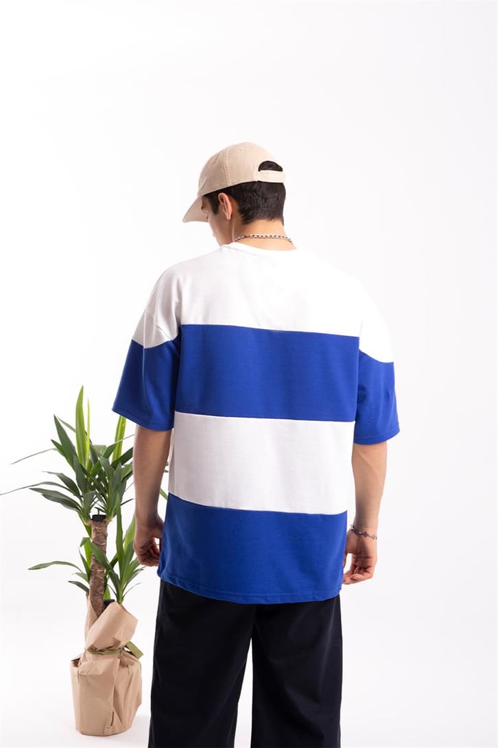 Los Angeles Nakışlı Çizgili Saks Mavi Oversize Tişört