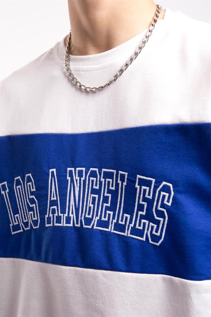 Los Angeles Nakışlı Çizgili Saks Mavi Oversize Tişört