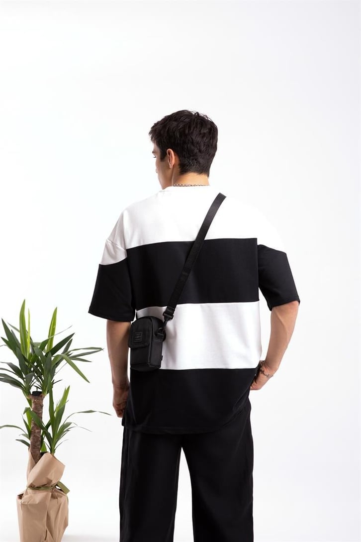 Los Angeles Nakışlı Çizgili Siyah Oversize Tişört