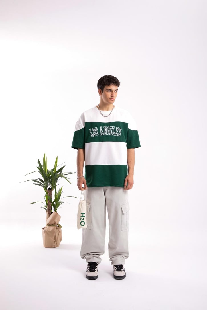 Los Angeles Nakışlı Yeşil Çizgili Oversize Tshirt