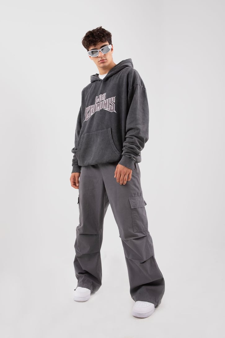 Los Criminis Baskılı Acid Wash Oversize Hoodie