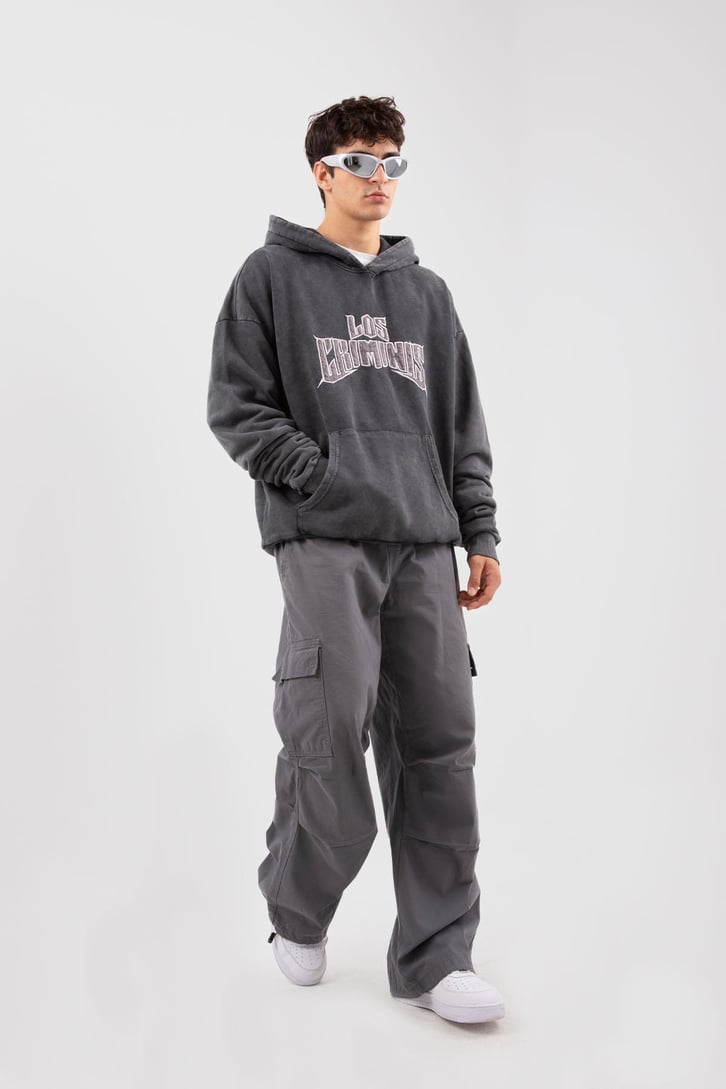 Los Criminis Baskılı Acid Wash Oversize Hoodie
