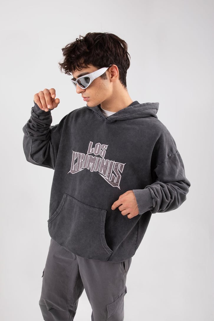 Los Criminis Baskılı Acid Wash Oversize Hoodie