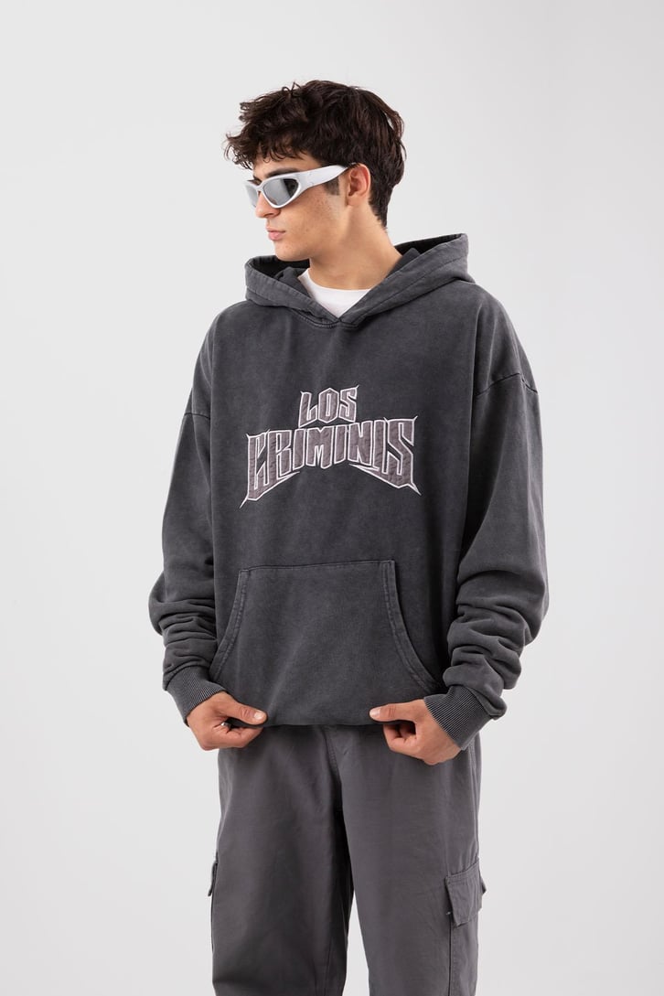 Los Criminis Baskılı Acid Wash Oversize Hoodie