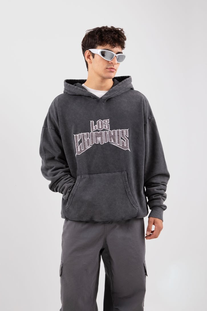 Los Criminis Baskılı Acid Wash Oversize Hoodie