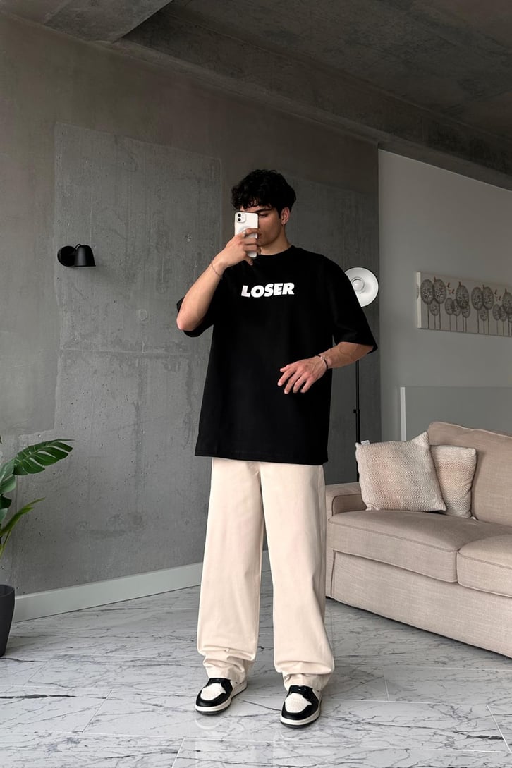 Loser Baskılı Siyah Oversize Tişört