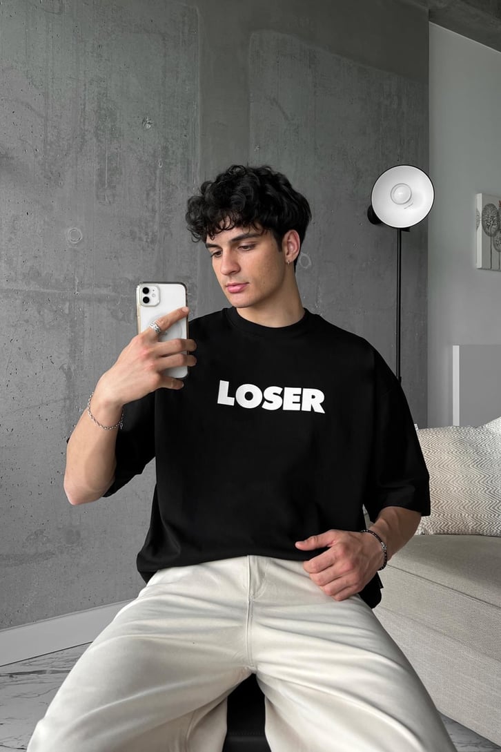 Loser Baskılı Siyah Oversize Tişört