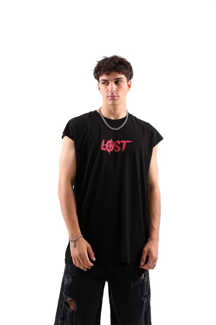 Lost Control Baskılı Kolsuz Siyah Oversize Tişört