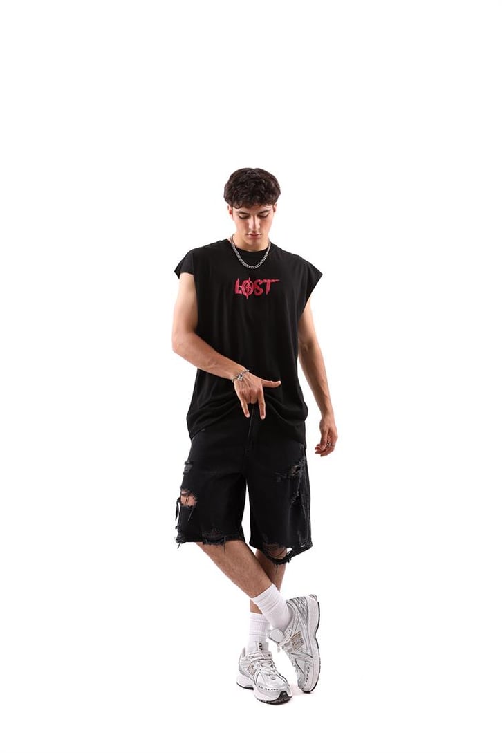 Lost Control Baskılı Kolsuz Siyah Oversize Tişört