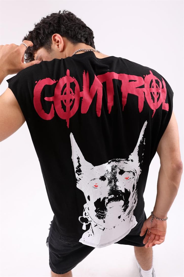 Lost Control Baskılı Kolsuz Siyah Oversize Tişört