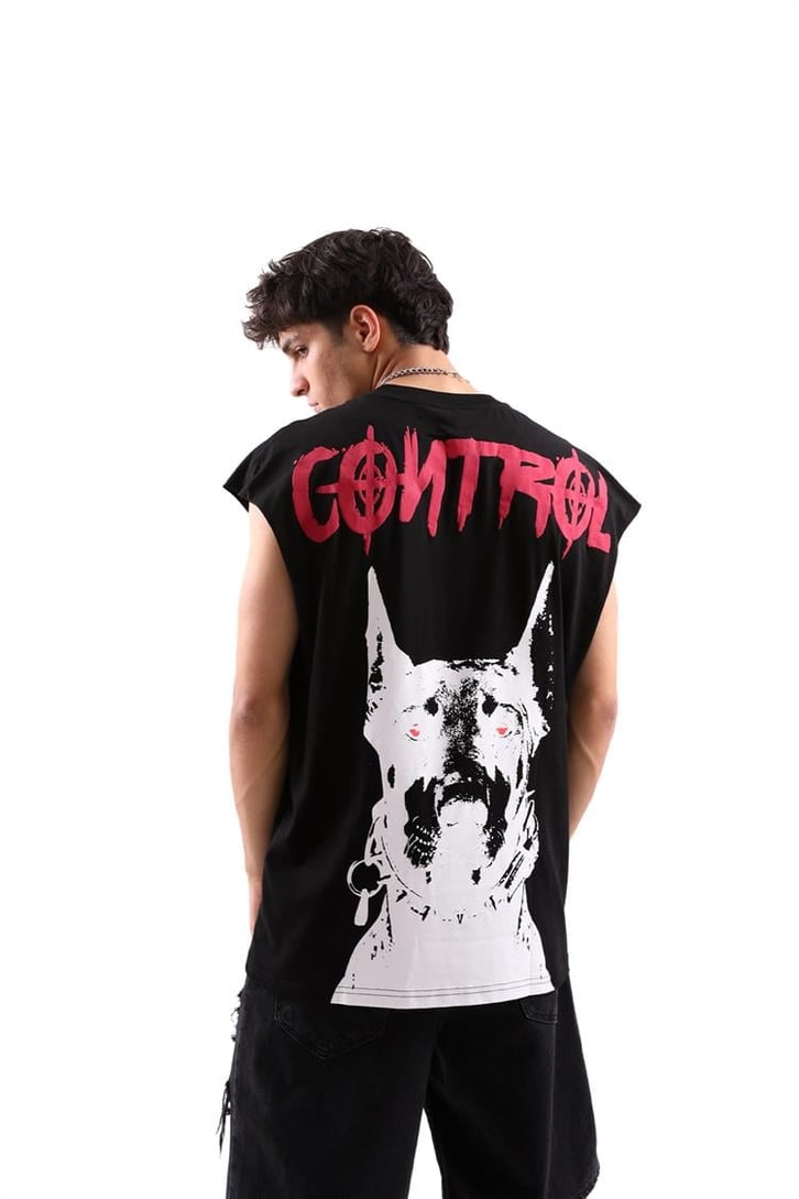 Lost Control Baskılı Kolsuz Siyah Oversize Tişört