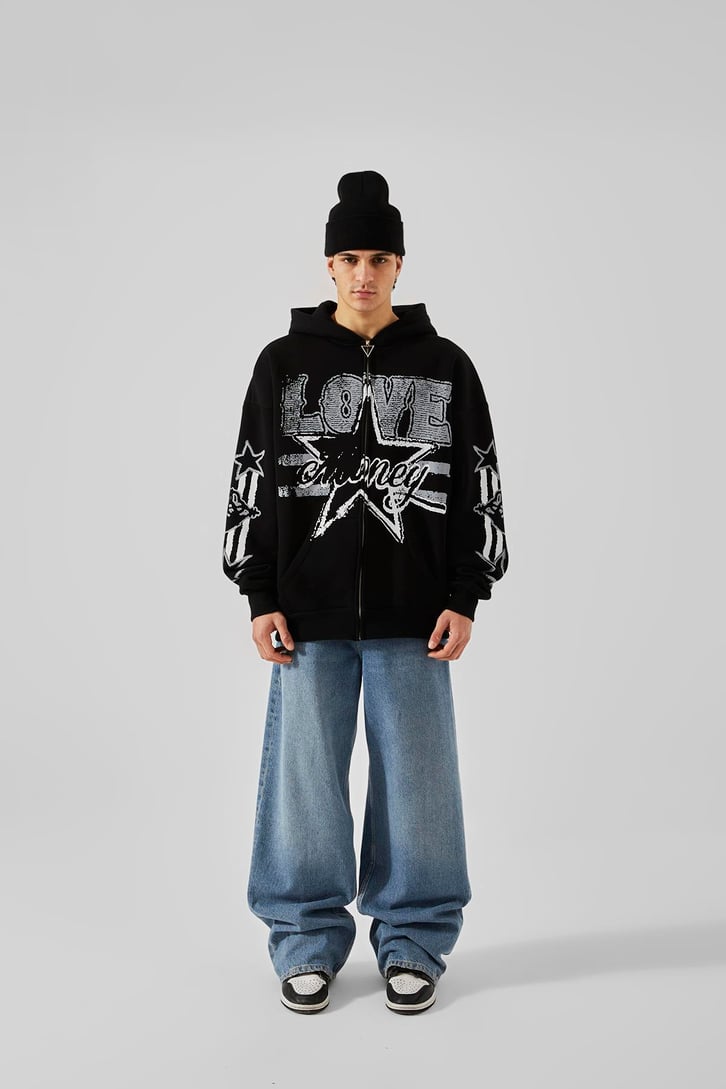 Love Baskılı Siyah Oversize Zip Hoodie