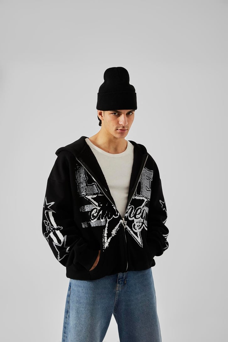 Love Baskılı Siyah Oversize Zip Hoodie