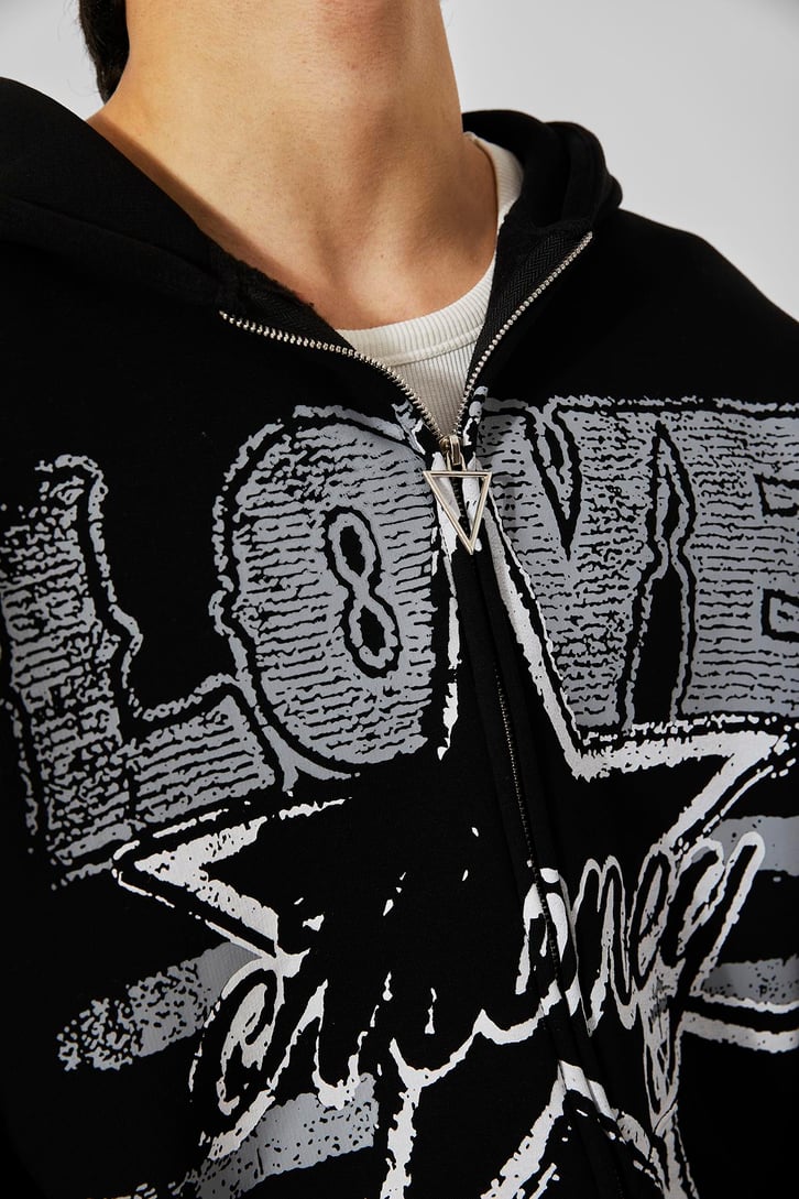 Love Baskılı Siyah Oversize Zip Hoodie