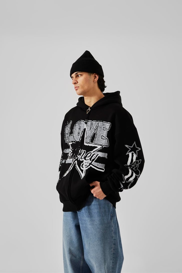 Love Baskılı Siyah Oversize Zip Hoodie