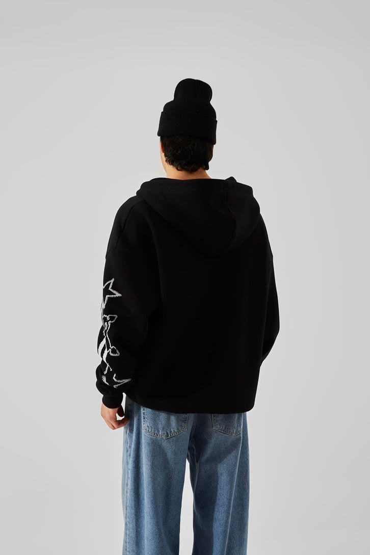 Love Baskılı Siyah Oversize Zip Hoodie