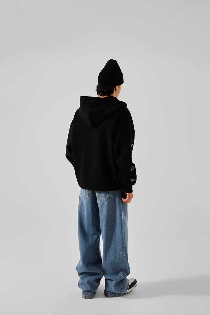 Love Baskılı Siyah Oversize Zip Hoodie