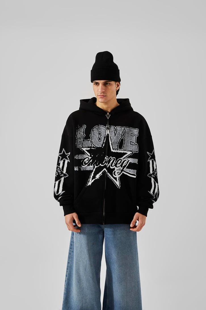 Love Baskılı Siyah Oversize Zip Hoodie