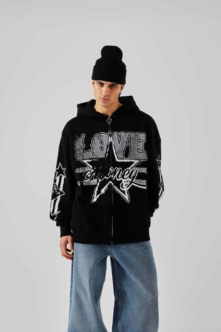 Love Baskılı Siyah Oversize Zip Hoodie