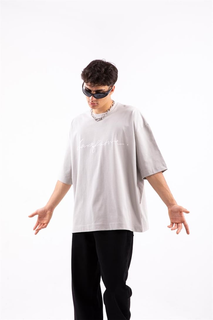 Love Future Baskılı Buz Gri Oversize Tshirt
