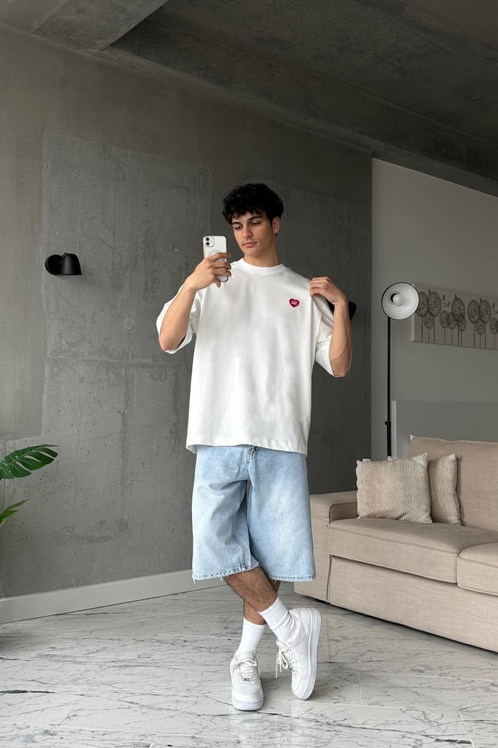 Love Made Heart Baskılı Saks Mavi Oversize Tişört
