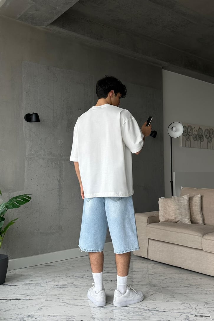 Love Made Heart Baskılı Saks Mavi Oversize Tişört