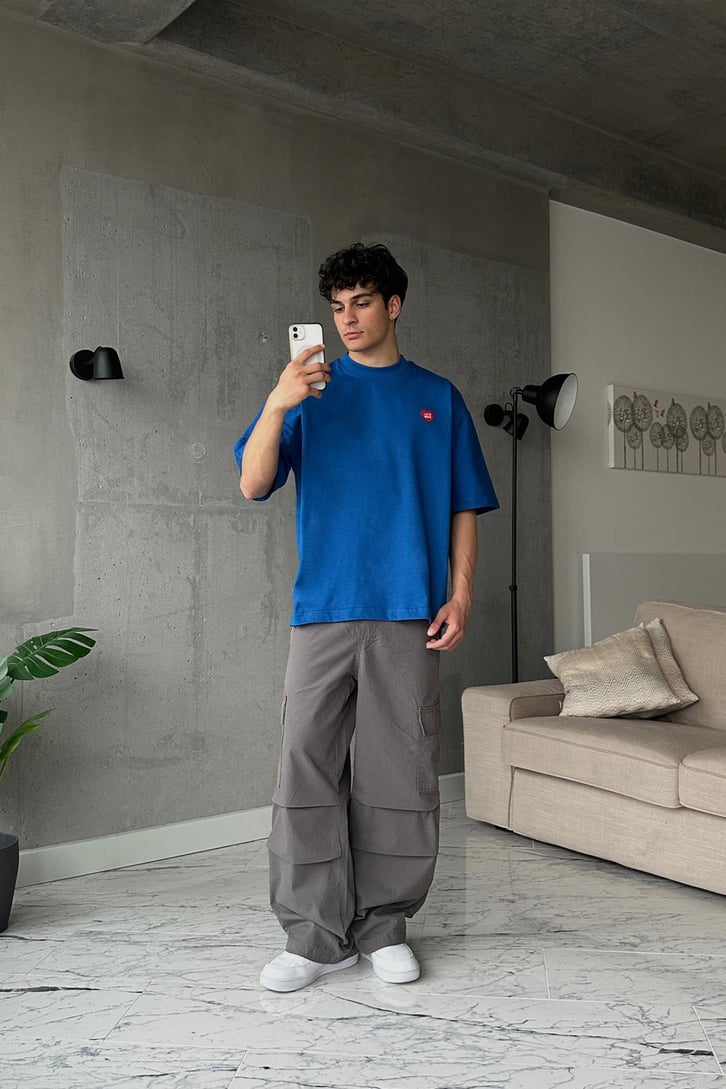 Love Made Heart Baskılı Saks Mavi Oversize Tişört