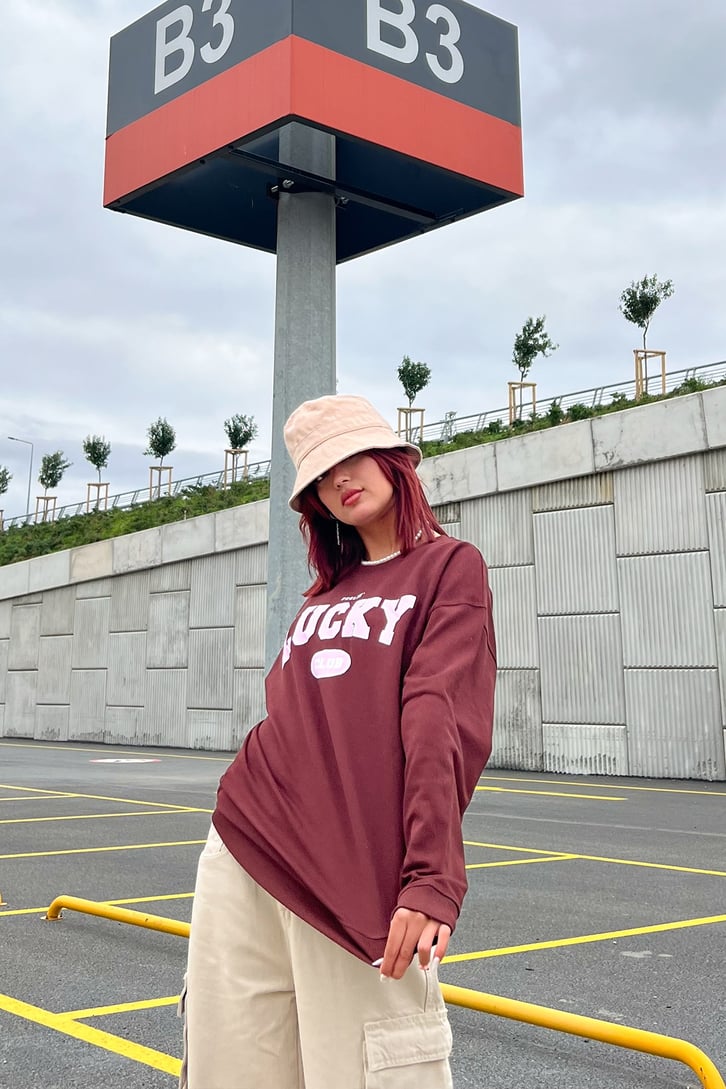 Lucky Baskılı Bordo Oversize Sweatrshirt