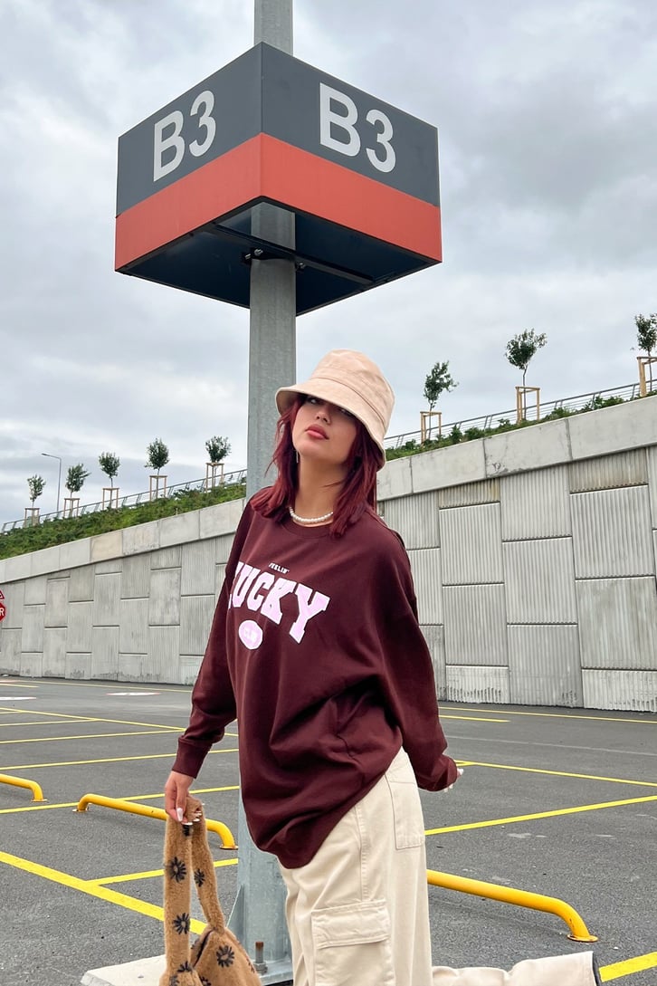 Lucky Baskılı Bordo Oversize Sweatrshirt