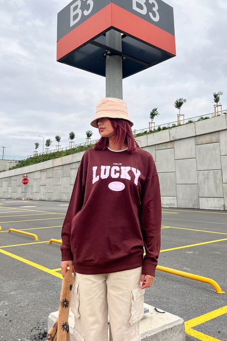 Lucky Baskılı Bordo Oversize Sweatrshirt