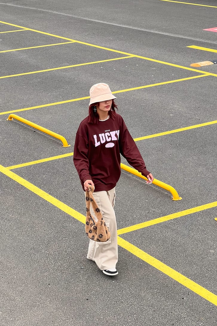 Lucky Baskılı Bordo Oversize Sweatrshirt
