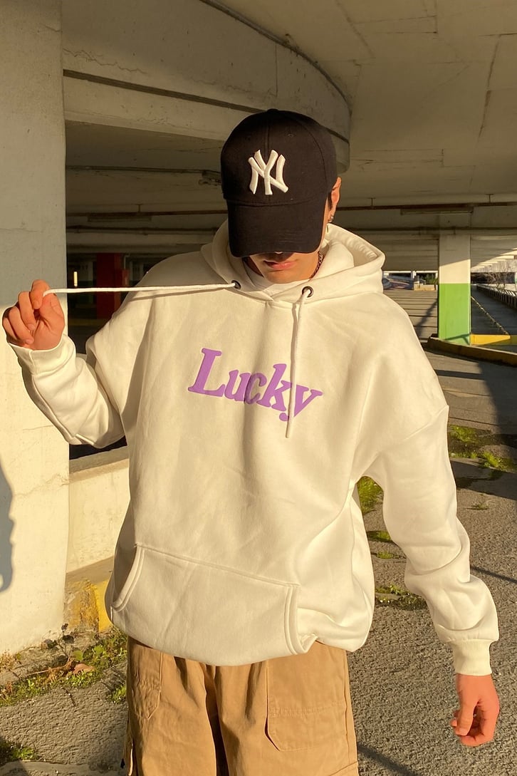LUCKY YAZI BASKILI OVERIZE HOODIE