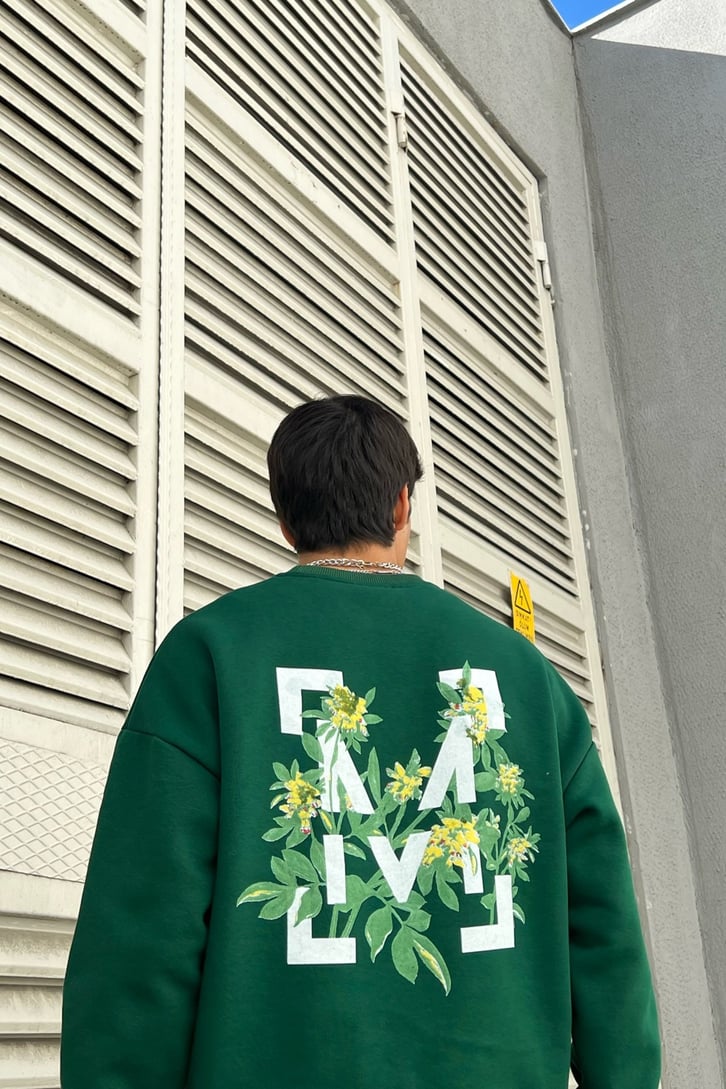 M Flowers Sırt Baskılı Yeşil Oversize Sweatshirt