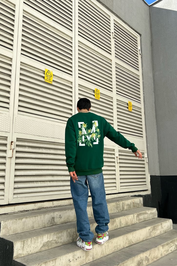 M Flowers Sırt Baskılı Yeşil Oversize Sweatshirt
