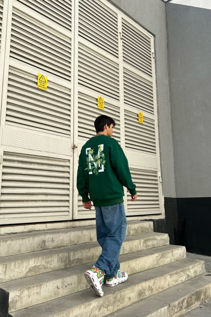 M Flowers Sırt Baskılı Yeşil Oversize Sweatshirt