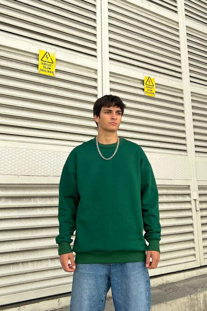 M Flowers Sırt Baskılı Yeşil Oversize Sweatshirt