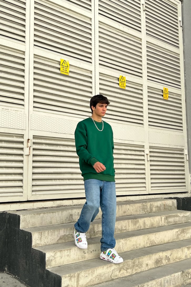 M Flowers Sırt Baskılı Yeşil Oversize Sweatshirt
