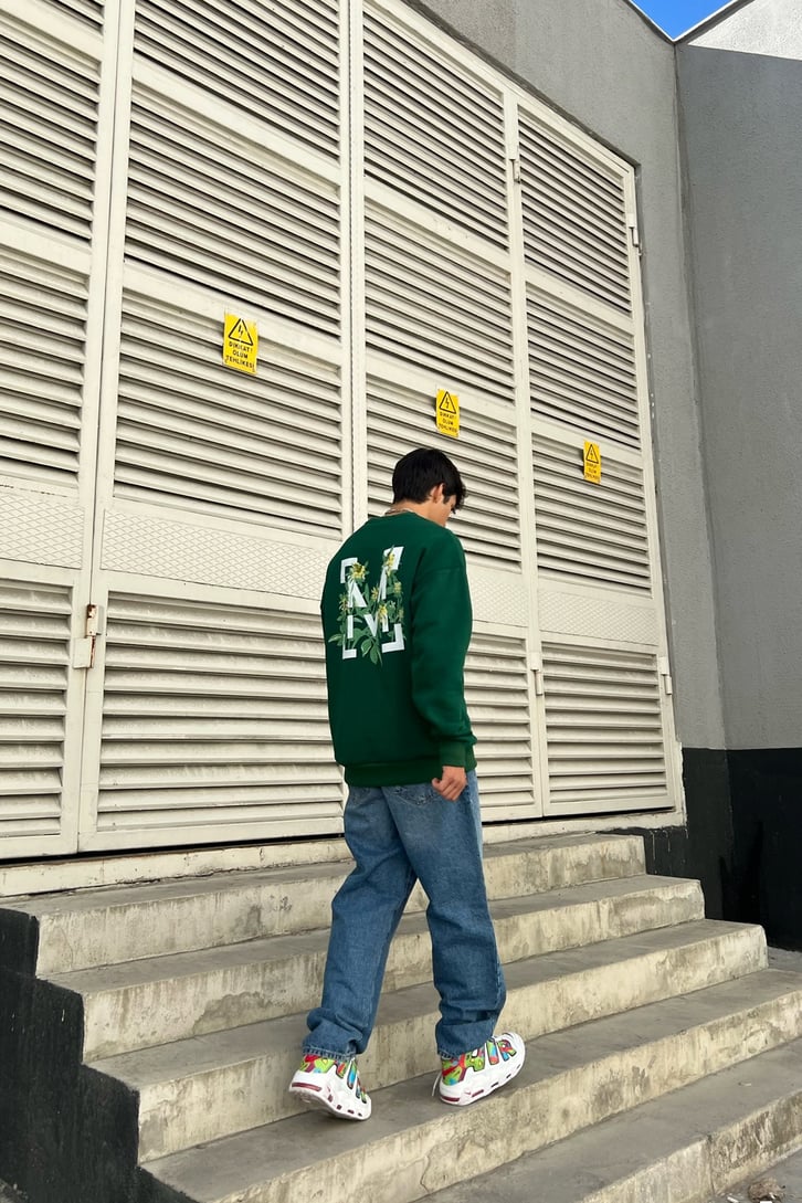 M Flowers Sırt Baskılı Yeşil Oversize Sweatshirt