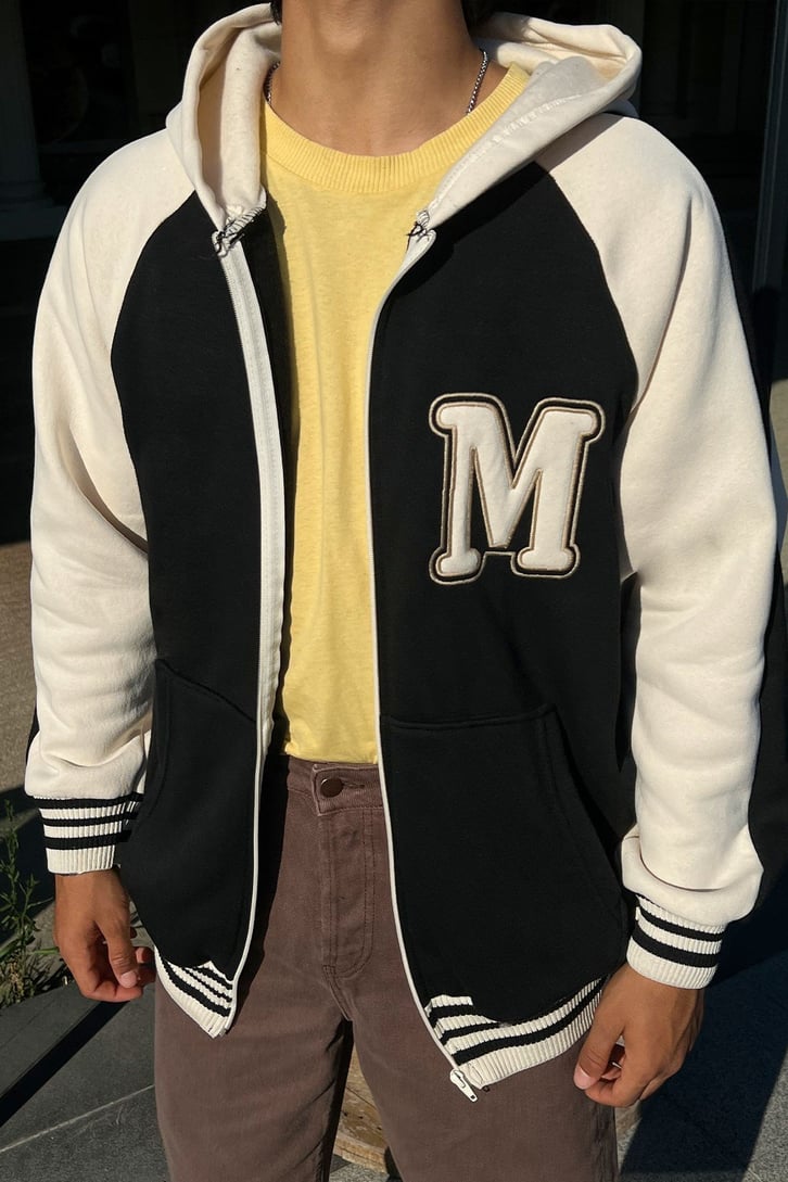 M Letter Nakışlı Zip Oversize Sweatshirt