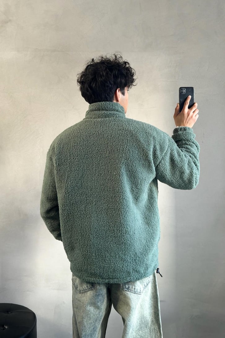 M Nakışlı Yeşil Oversize Peluş Ceket