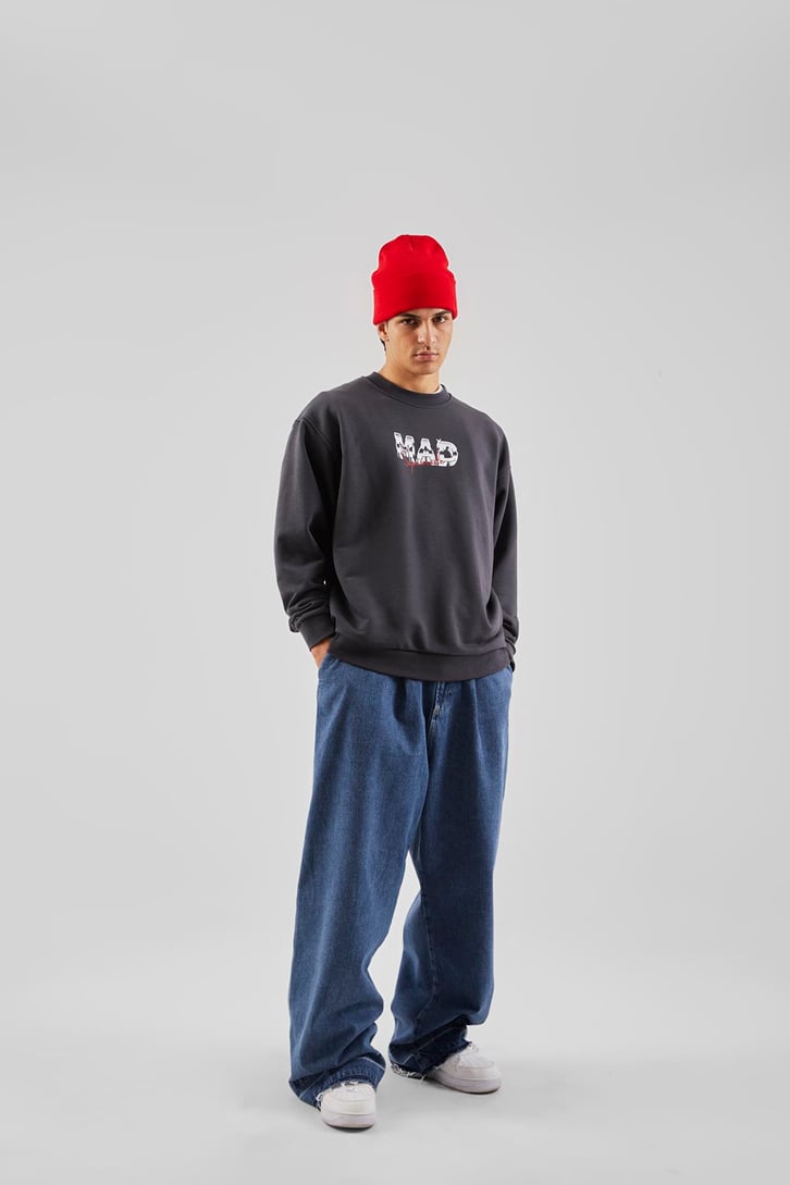 Mad Baskılı Antrasit Oversize Sweatshirt