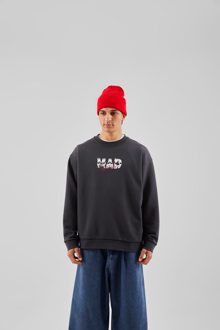 Mad Baskılı Antrasit Oversize Sweatshirt